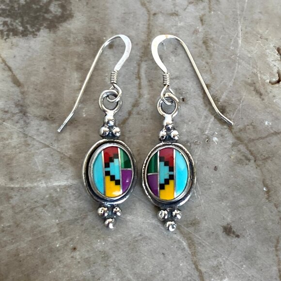 Sterling Silver 925 Southwest Style Turquoise Coral Malachite Dangle Earrings - Picture 3 of 16